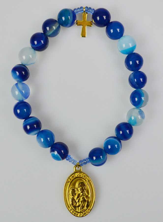 Bracelet Religieux en Pierres d'Agate Bleue & Blanche - Saint Joseph & Croix (pic 2)