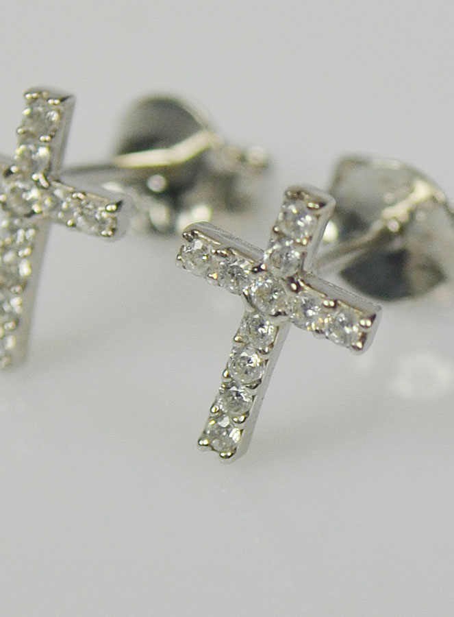 Boucles d'Oreilles Croix en Strass - Argent Rhodié (pic 4)