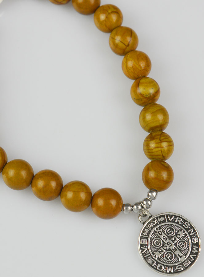Bracelet Religieux en Pierre de Jaspe Bois - Saint Benoît (pic 4)
