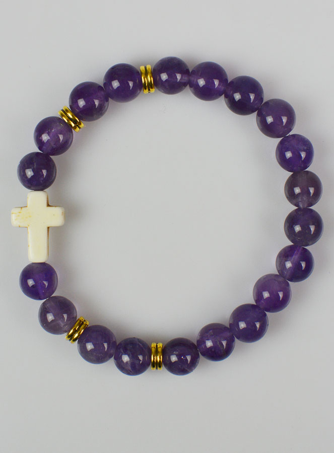 Bracelet Croix en Pierre Naturelle - Améthyste 8mm (pic 1)