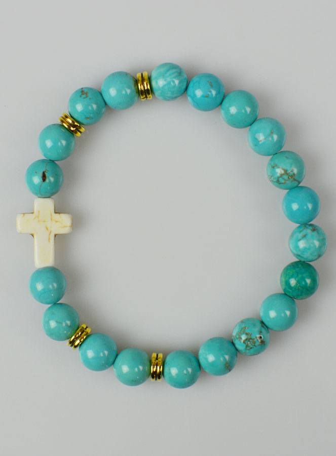 Bracelet Croix en Pierre Naturelle - Turquoise 8mm (pic 1)