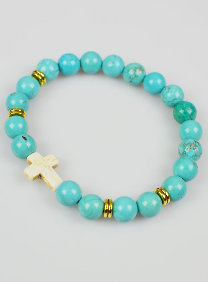 Bracelet Croix en Pierre Naturelle - Turquoise 8mm (pic 2)