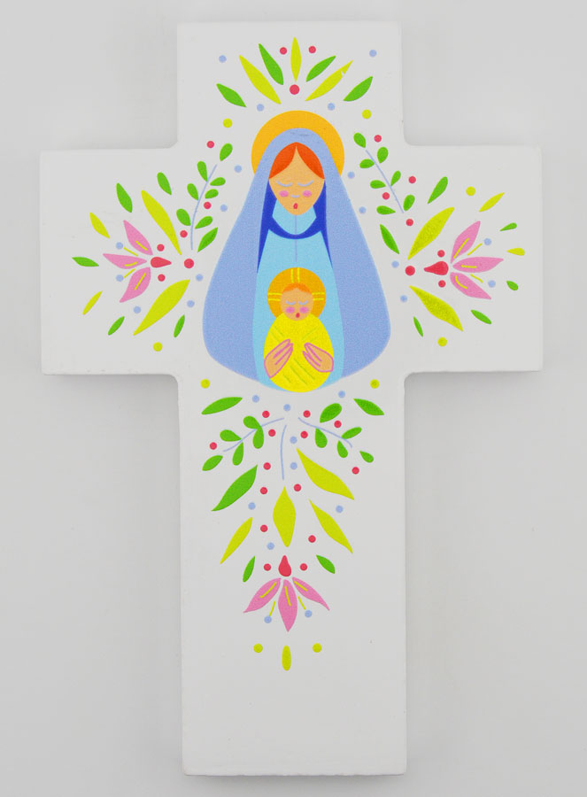 Croix de Baptême en Bois - Vierge de Tendresse (pic 1)