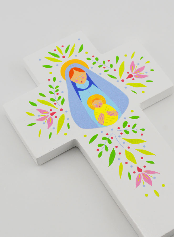 Croix de Baptême en Bois - Vierge de Tendresse (pic 3)