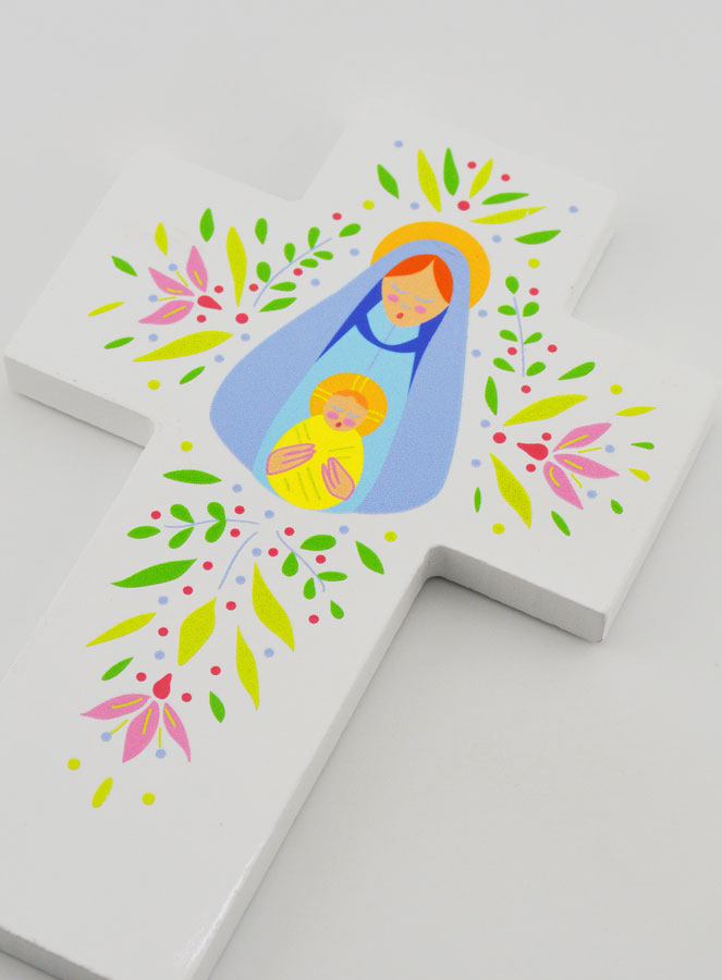 Croix de Baptême en Bois - Vierge de Tendresse (pic 4)
