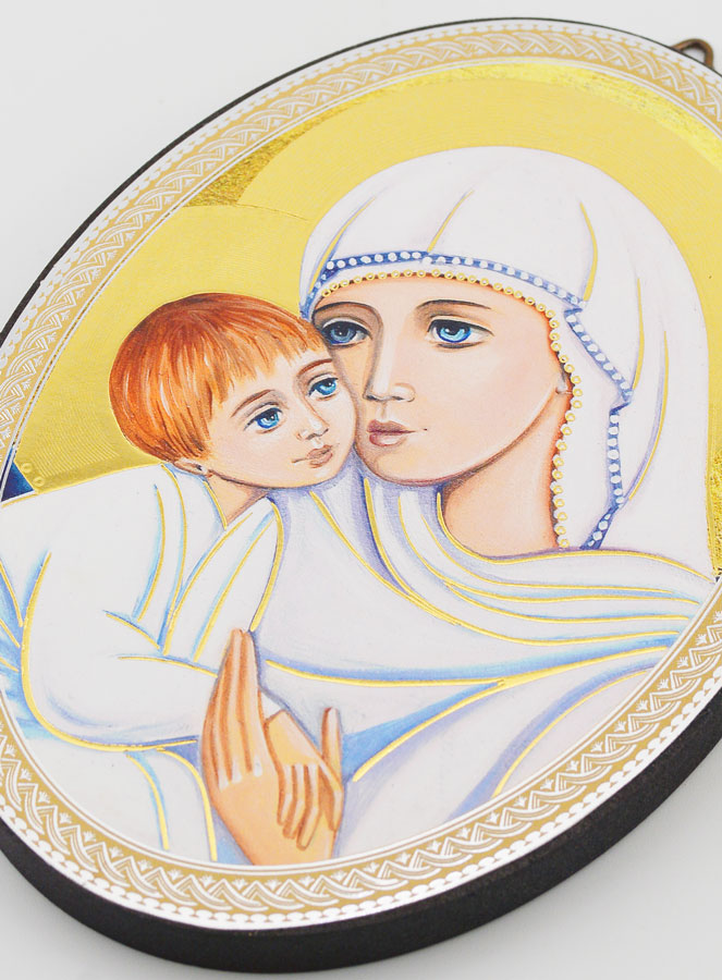 Icone Ovale Portrait - Vierge de Tendresse au Voile Blanc 15cm (pic 3)