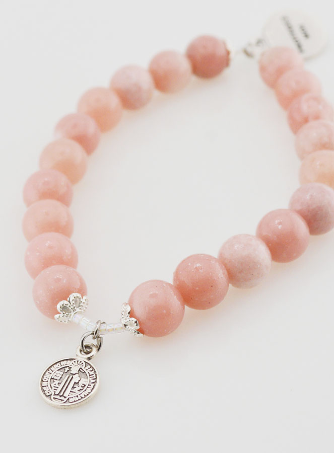 Bracelet Religieux en Pierre Naturelle d' Opale Rose - St Michel & St Benoît (pic 3)