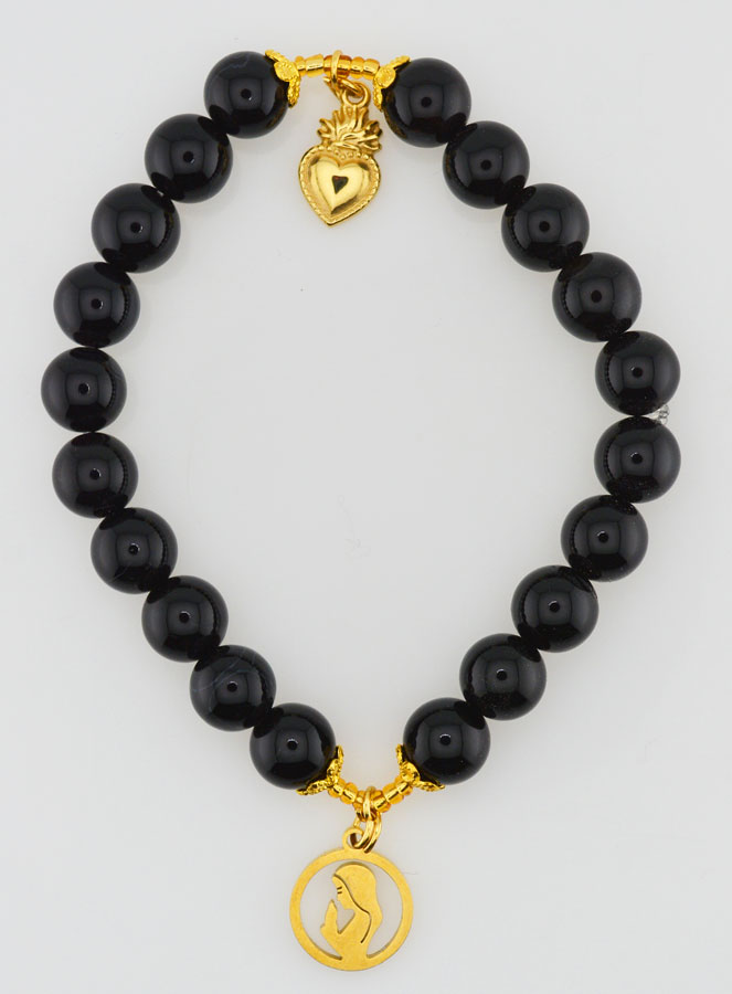 Bracelet Religieux en Pierres Naturelles d'Agate Noire - Sacré Coeur de Marie (pic 1)