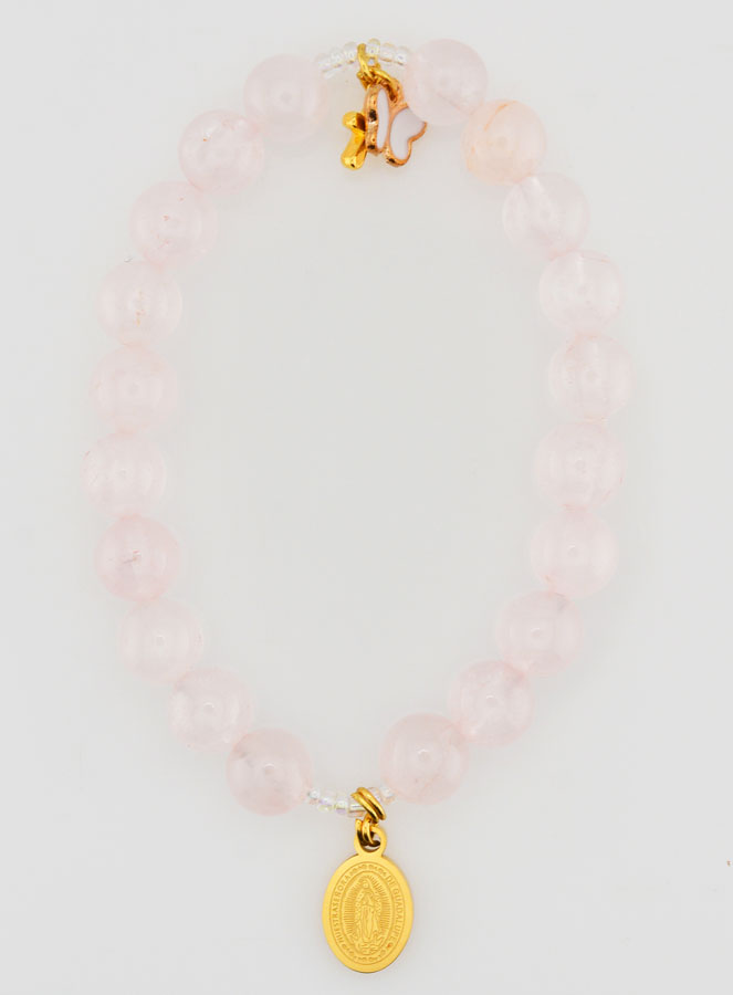 Bracelet Religieux en Pierre Naturelle de Quartz Rose - ND de Guadalupe (pic 1)
