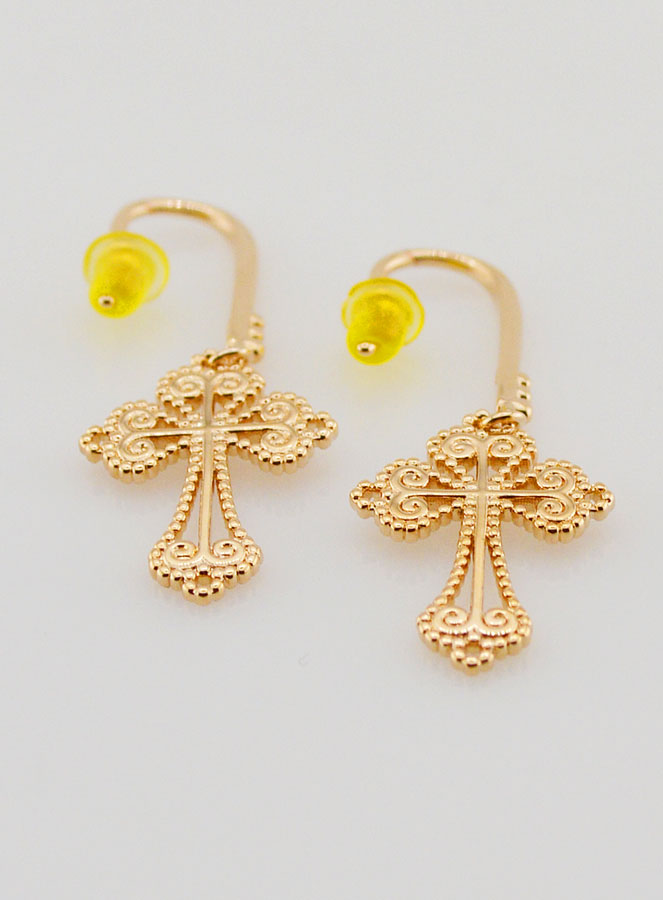 Boucles d'Oreilles Croix Baroque en Plaqué Or  - 34mm (pic 2)
