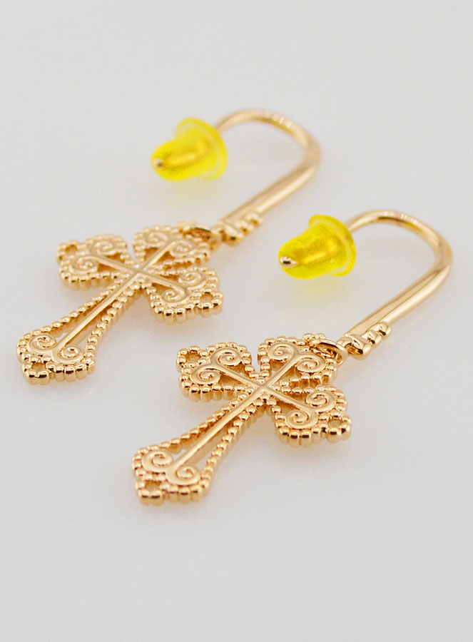 Boucles d'Oreilles Croix Baroque en Plaqué Or  - 34mm (pic 4)