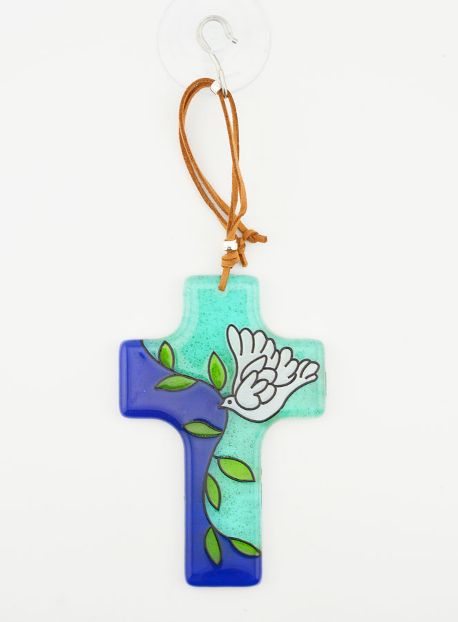 Croix en Verre à Suspendre 12 cm - Colombe et Rameau (pic 3)