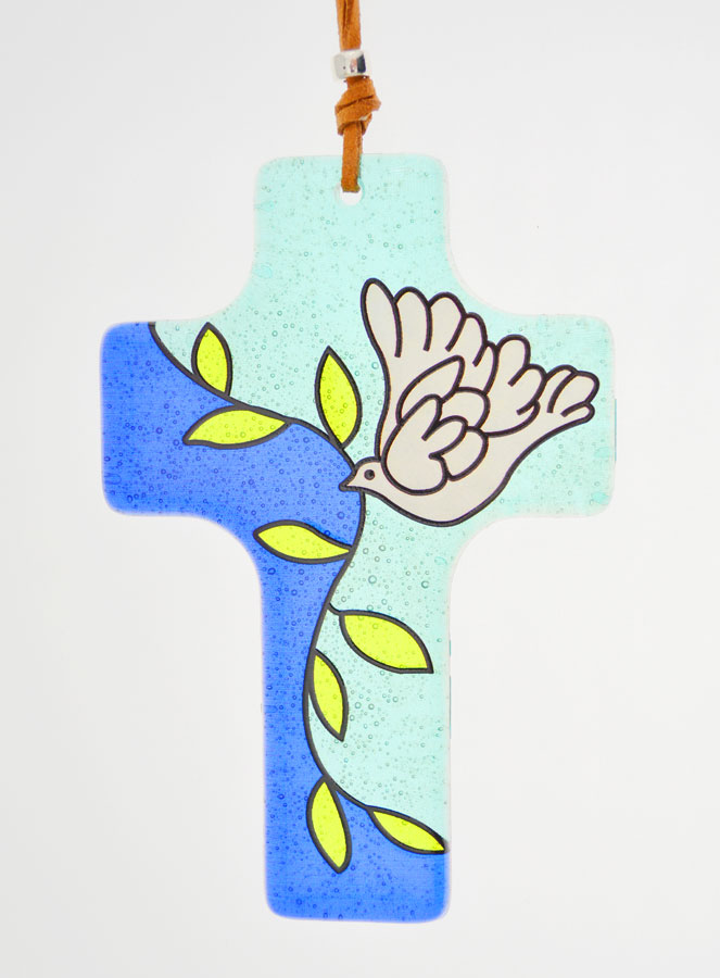 Croix Enfant en Verre - Colombe et Rameau 12cm (pic 1)