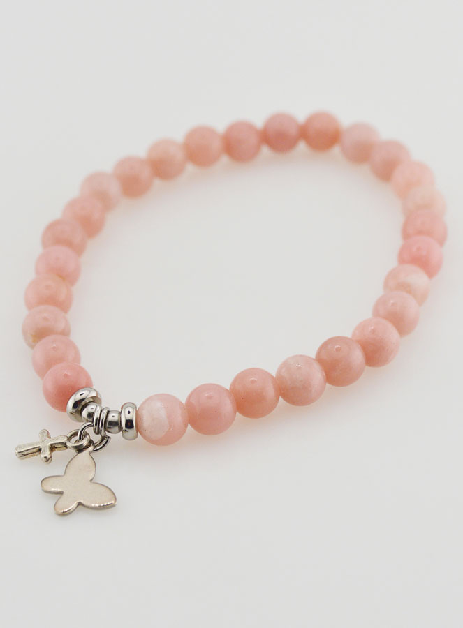 Bracelet en Pierres Naturelles d'Opale Rose 6mm - Papillon & Croix (pic 4)
