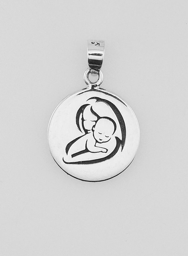 Médaille de Baptême en Argent 13mm - Vierge à l'Enfant (pic 1)