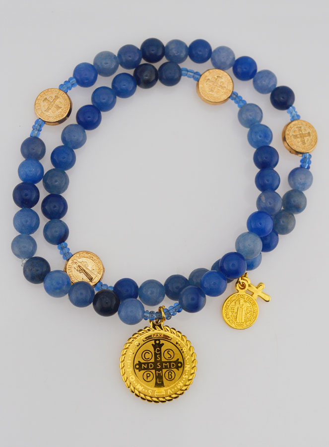 Bracelet Chapelet en Aventurine Bleue 6mm & St Benoît (pic 1)