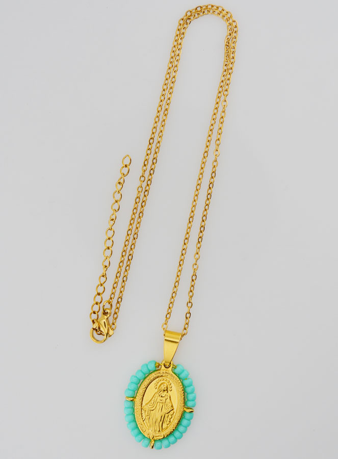 Médaille Miraculeuse + Chaîne - Perles Turquoises (pic 2)