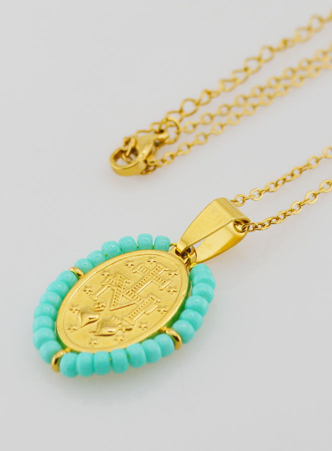 Médaille Miraculeuse + Chaîne - Perles Turquoises (pic 3)