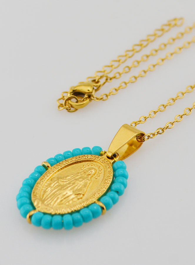 Médaille Miraculeuse + Chaîne - Perles Bleu Gris (pic 1)