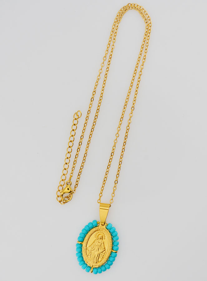 Médaille Miraculeuse + Chaîne - Perles Bleu Gris (pic 2)