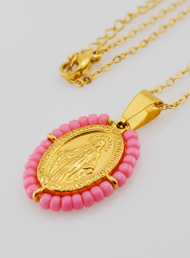 Collier Religieux & Médaille Miraculeuse - Perles Roses (pic 1)