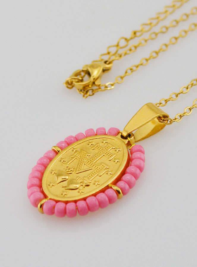 Collier Religieux & Médaille Miraculeuse - Perles Roses (pic 3)