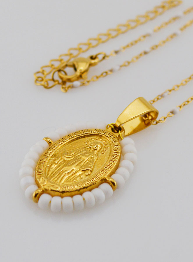 Collier Religieux Perlé & Médaille Miraculeuse - Blanc (pic 1)