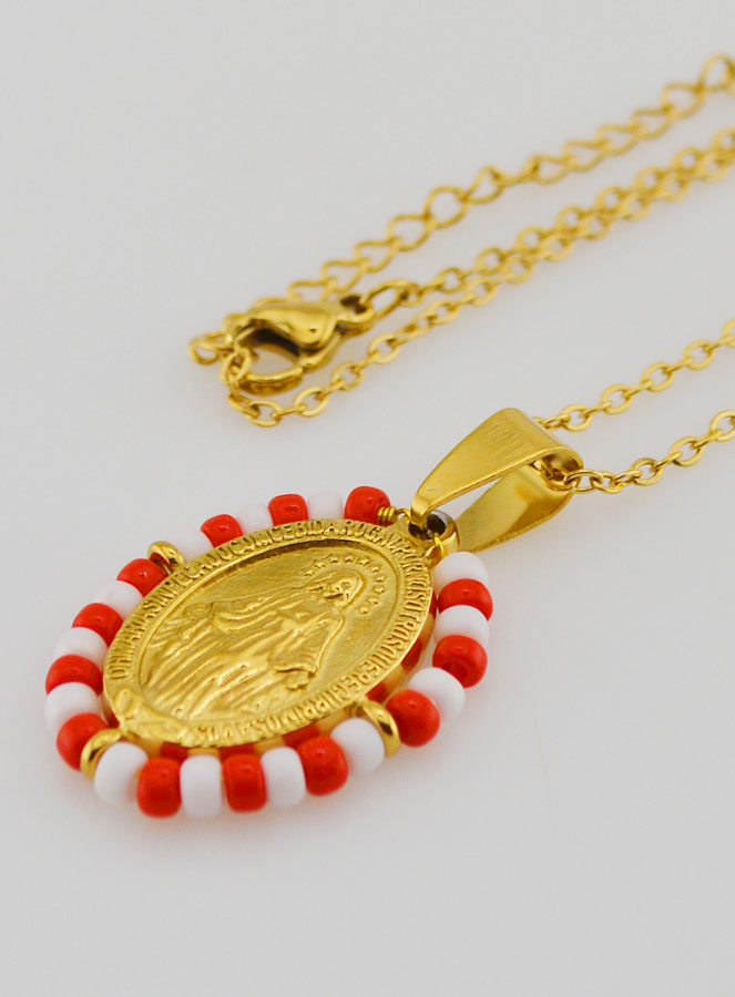 Médaille Miraculeuse + Chaîne - Perles Rouge & Blanc (pic 1)