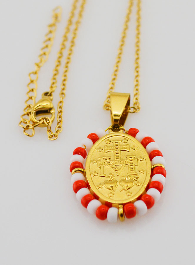 Médaille Miraculeuse + Chaîne - Perles Rouge & Blanc (pic 3)