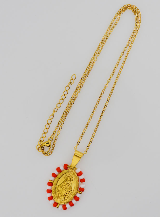 Médaille Miraculeuse + Chaîne - Perles Rouge & Blanc (pic 4)