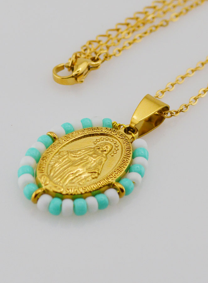 Collier Religieux & Miraculeuse - Perles Turquoises & Blanches (pic 1)