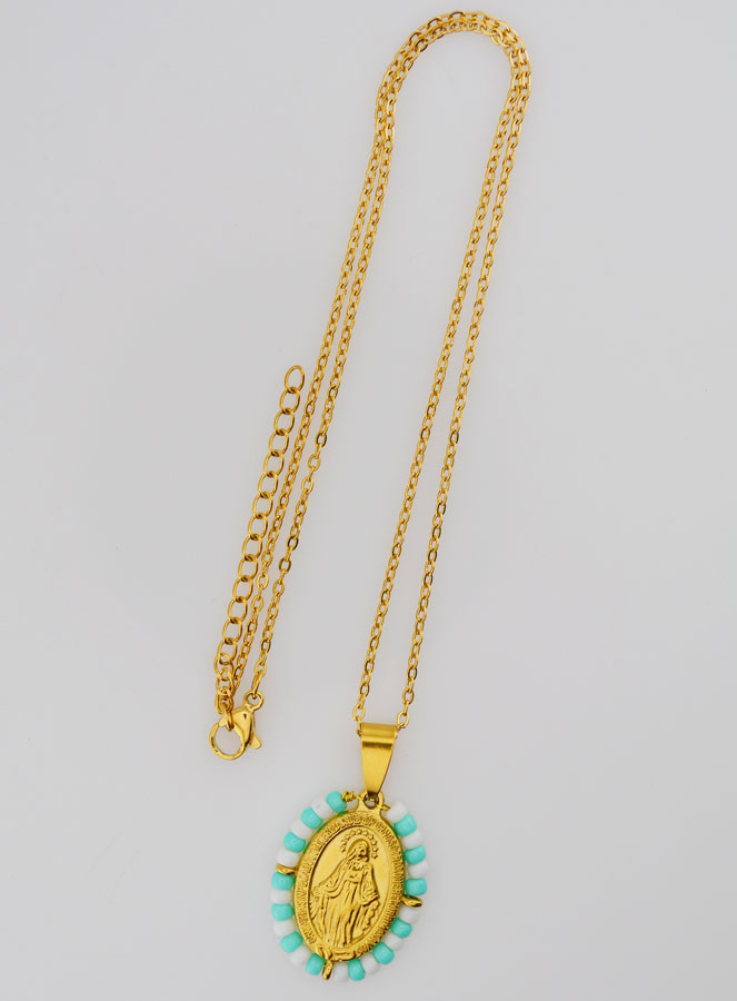 Collier Religieux & Miraculeuse - Perles Turquoises & Blanches (pic 3)
