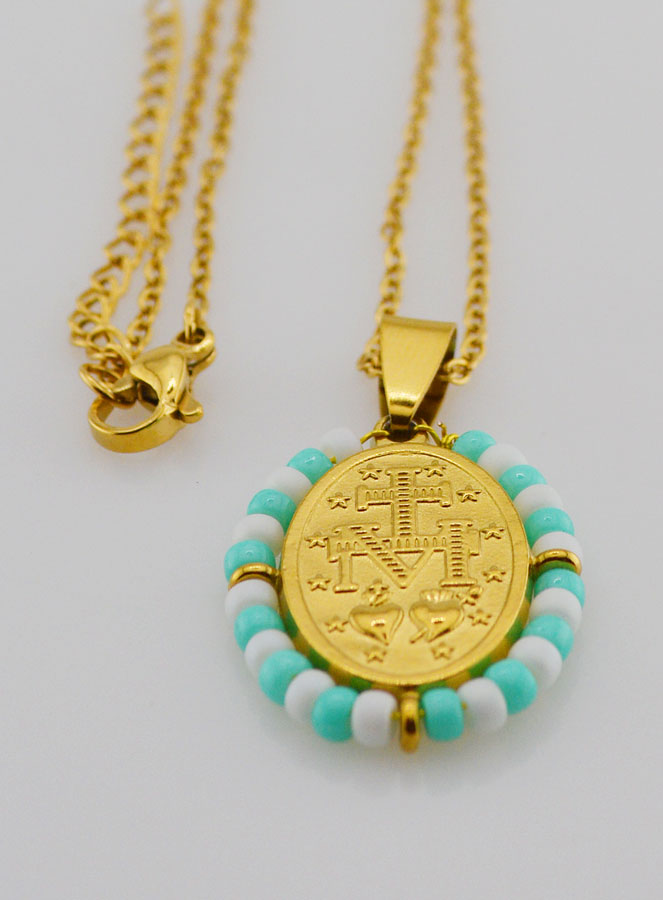 Collier Religieux & Miraculeuse - Perles Turquoises & Blanches (pic 4)