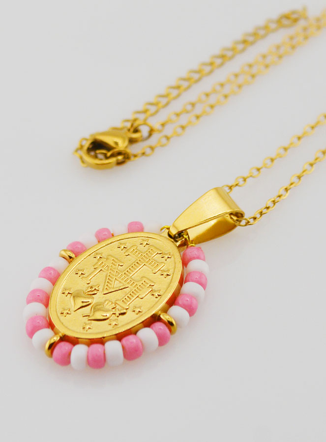 Médaille Miraculeuse + Chaîne - Perles Rose & Blanc (pic 2)