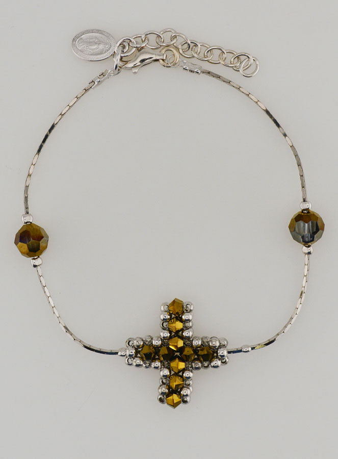 Bracelet Religieux Croix en Cristal Bronze & Argent 925/1000 (pic 1)