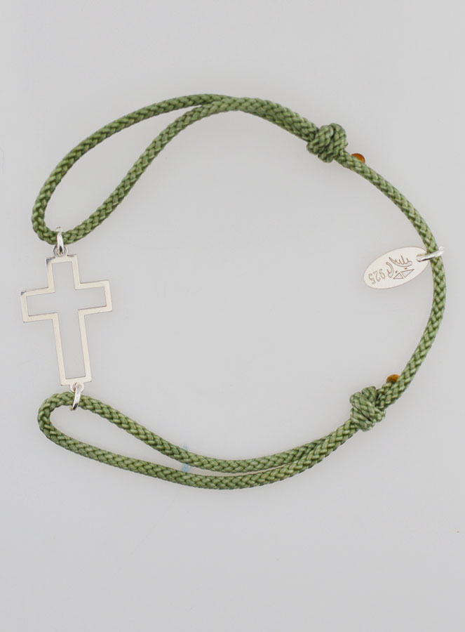 Bracelet Argent et Corde Verte - Croix Ajourée (pic 1)