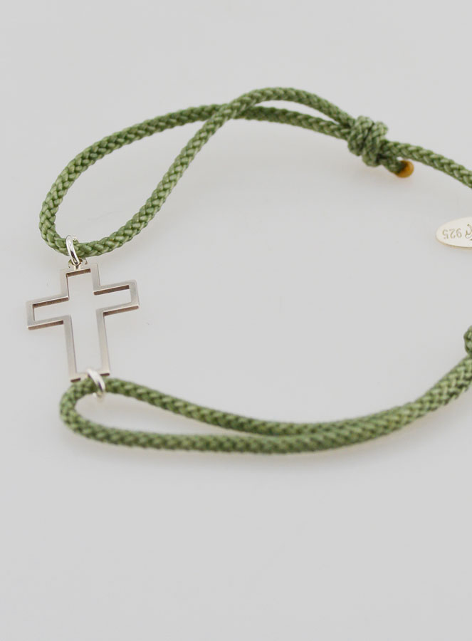 Bracelet Argent et Corde Verte - Croix Ajourée (pic 4)