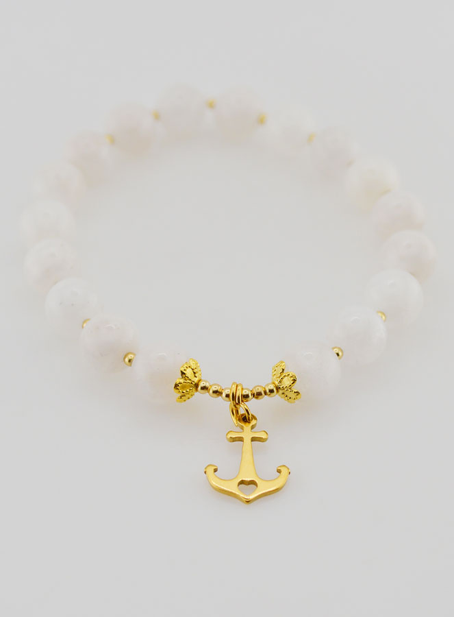Bracelet en Pierre de Lune 8mm & Pampille Ancre (pic 2)