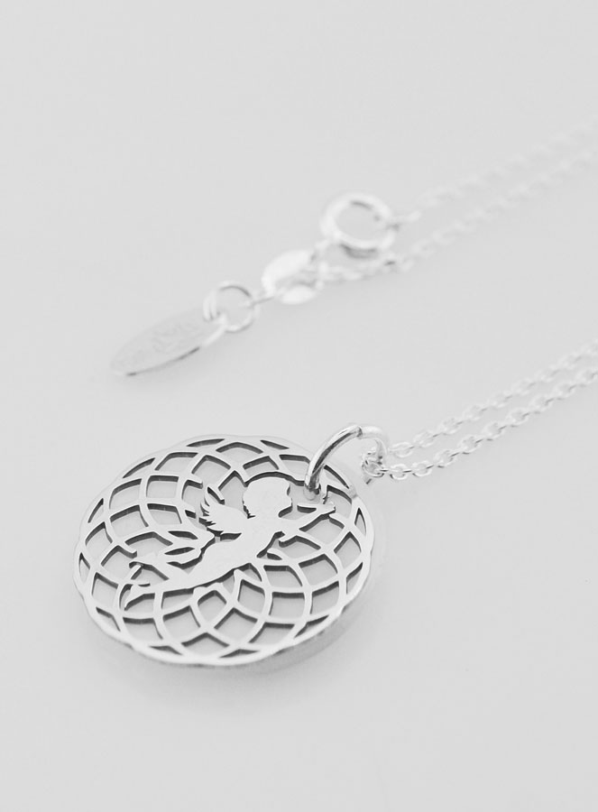 Collier Religieux Ange sur Rosace - Argent & Nacre Blanche (pic 1)