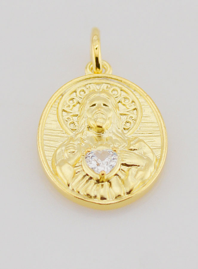Médaille Plaqué Or & Zircon Sacré Coeur de Jésus - 19mm (pic 2)