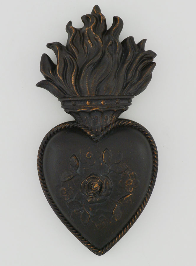 Ex Voto Mural Coeur Fleuri Noir & Bronze - 13cm (pic 1)