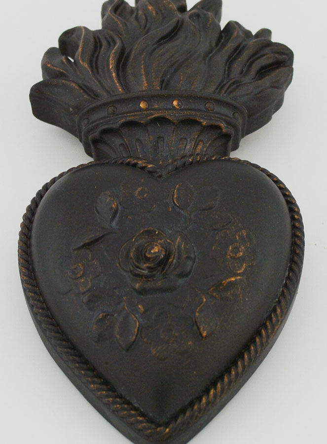 Ex Voto Mural Coeur Fleuri Noir & Bronze - 13cm (pic 2)