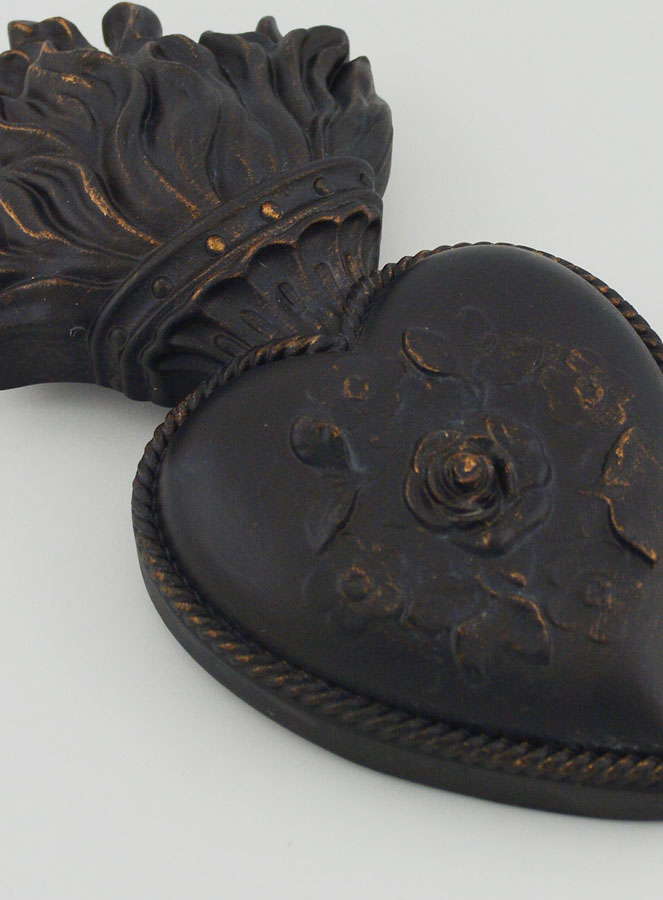 Ex Voto Mural Coeur Fleuri Noir & Bronze - 13cm (pic 3)