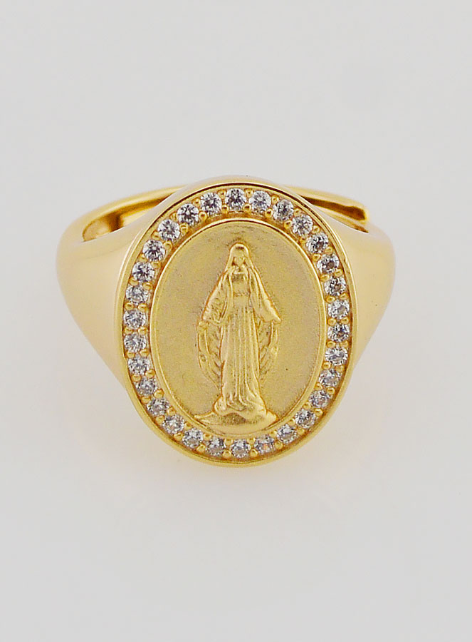 Bague Chevalière Miraculeuse Argent Doré & Zircons - T52 à 56 (pic 1)