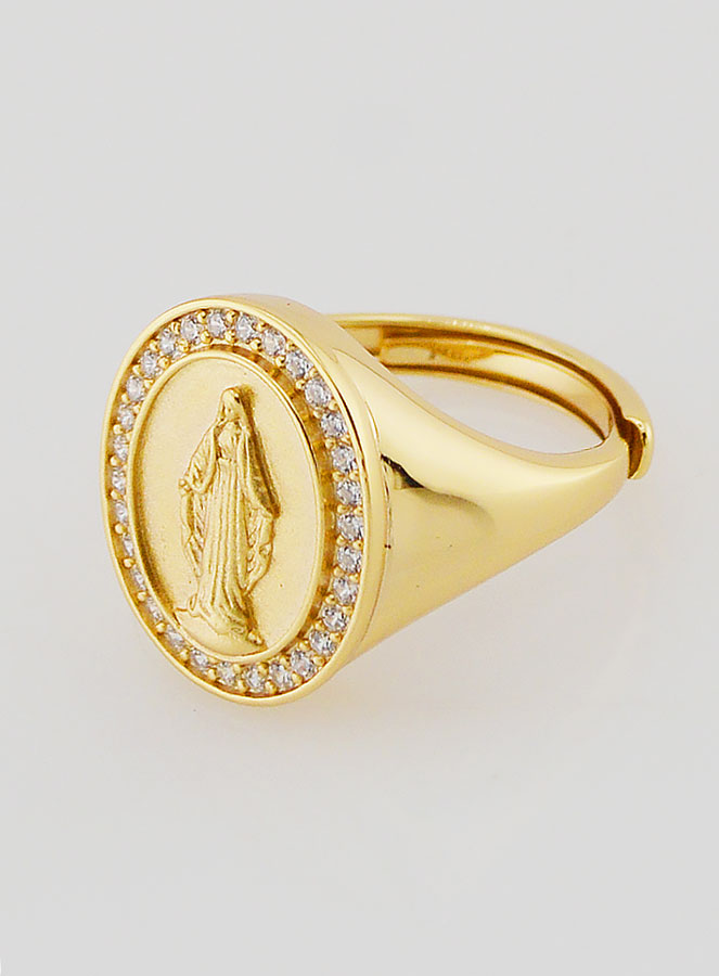 Bague Chevalière Miraculeuse Argent Doré & Zircons - T52 à 56 (pic 2)