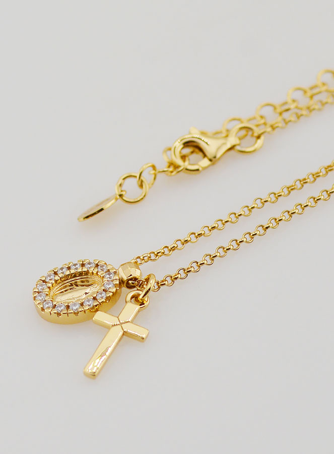 Collier Médaille Miraculeuse & Croix - Argent Doré & Zircons (pic 1)