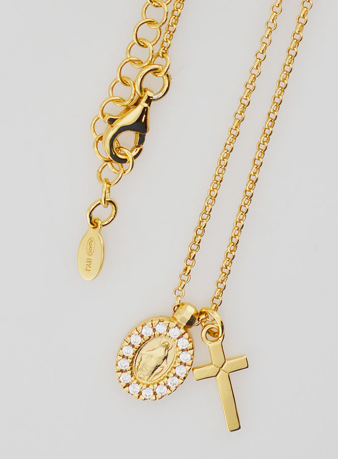 Collier Médaille Miraculeuse & Croix - Argent Doré & Zircons (pic 4)