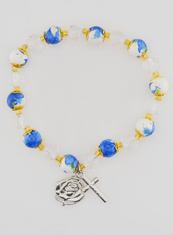 Bracelet Dizainier en Perles Peintes - Croix et Médaille de Lourdes (pic 1)
