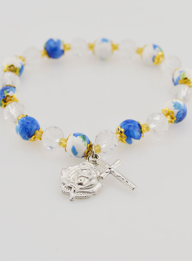 Bracelet Dizainier en Perles Peintes - Croix et Médaille de Lourdes (pic 2)