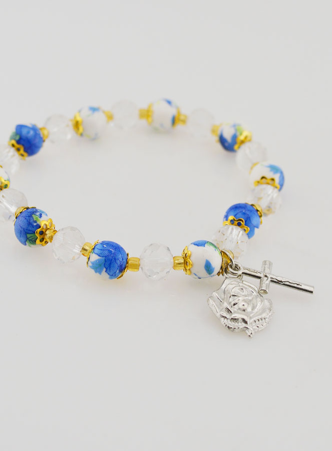 Bracelet Dizainier en Perles Peintes - Croix et Médaille de Lourdes (pic 3)